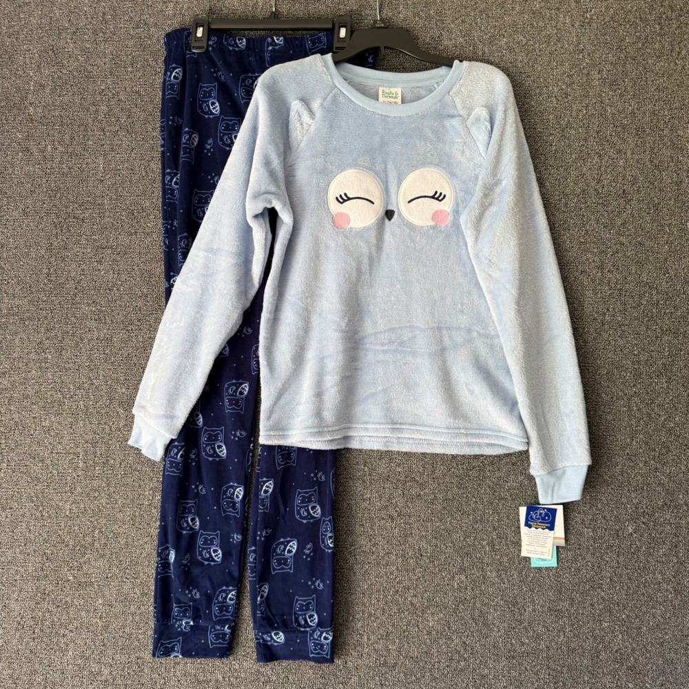Roots & Threads Girls XL 14/16 Pajama Set Blue‎ Owl Plush Fleece Sleepwear NEW